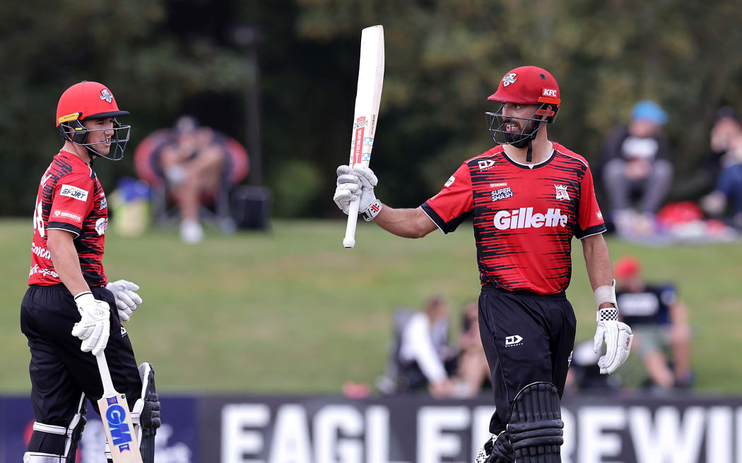 Canterbury Kings Daryl Mitchell and Cole McConchie. Dream 11 Super Smash T20 Cricket, Canterbury Kings v Northern Knights at Hagley Oval, Christchurch, New Zealand. Friday 15 January 2021.
