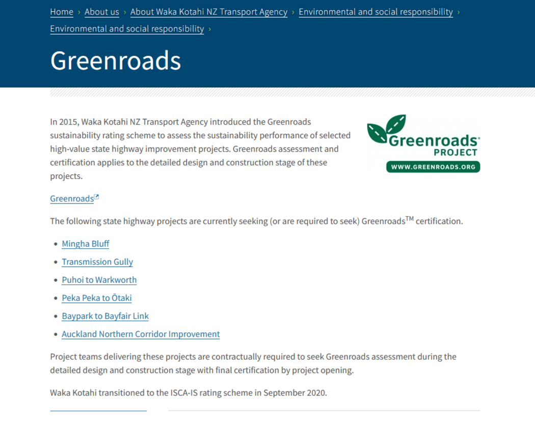 Screenshot of Waka Kotahi website about Transmission Gully Greenroads rating scheme.