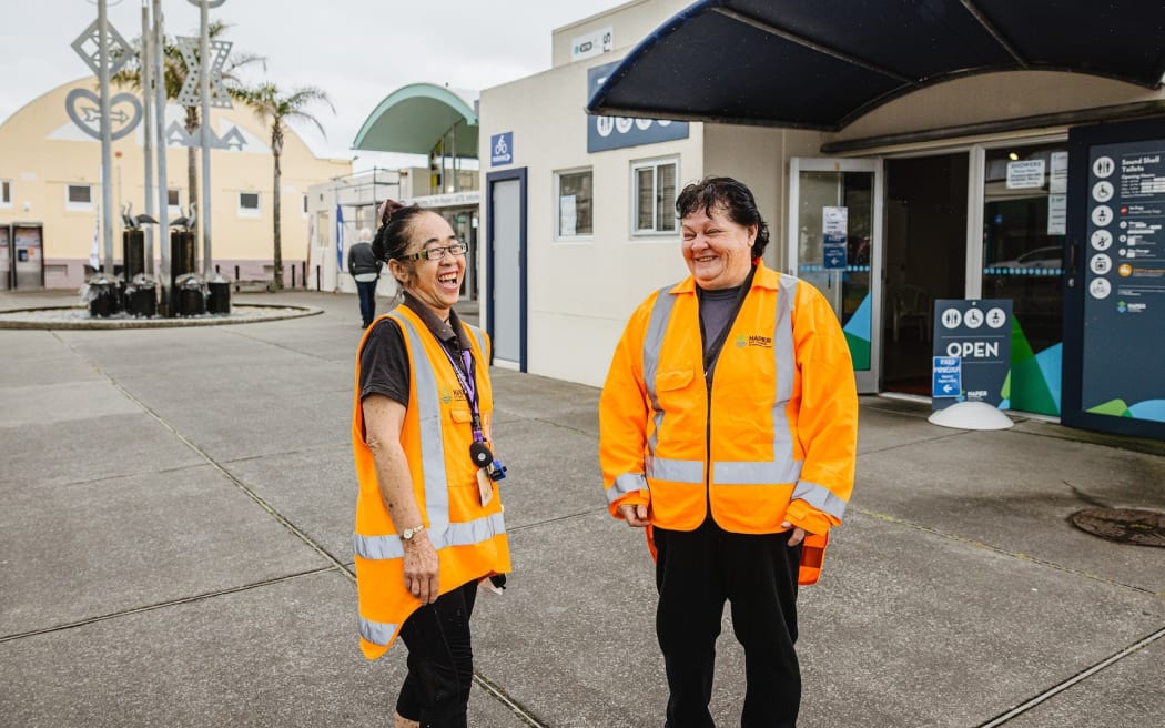 Felicity Grant and her colleague Trish White outside the Sound Shell loos.