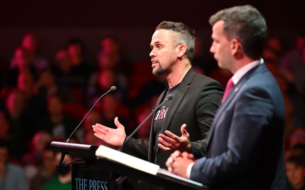 Te Pāti Māori candidate for Te Tai Tonga Tākuta Ferris speaks during The Press Leaders Debate at Christchurch Town Hall, alongside David Seymour.