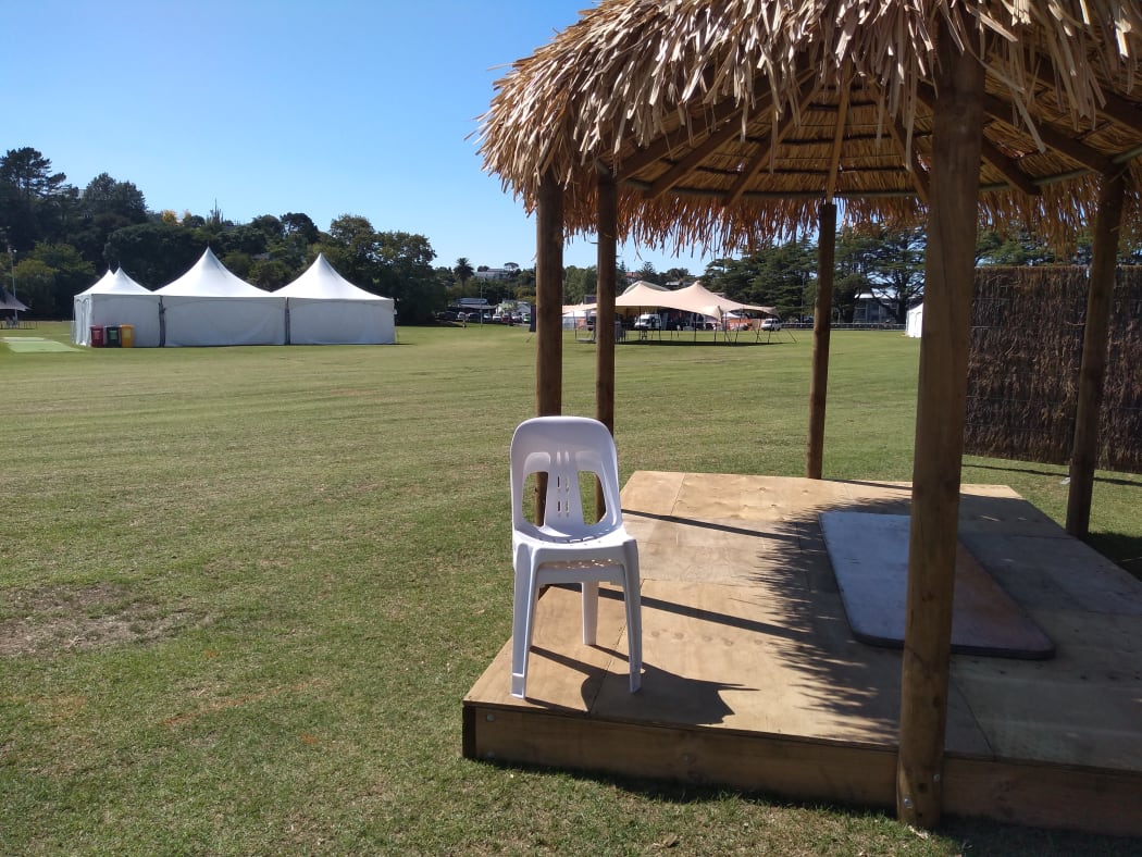 A lone fale stands among empty marquees at the now-cancelled Pasifika Festival.