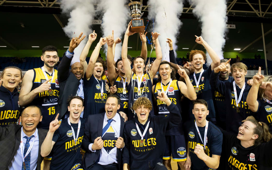 Nuggets celebrate after their win during the NZNBL grand final match.