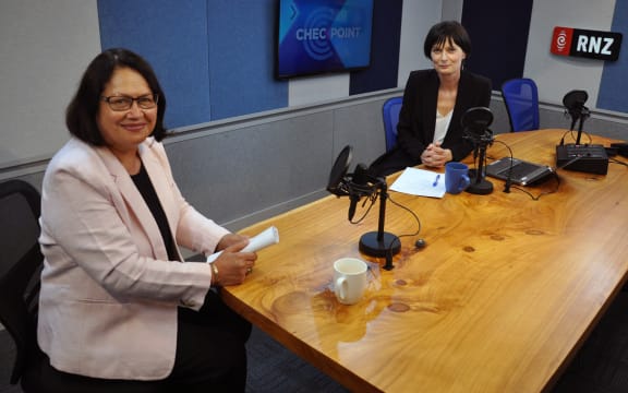 Lady Tueriti Moxon in RNZ Checkpoint studio with Lisa Owen.