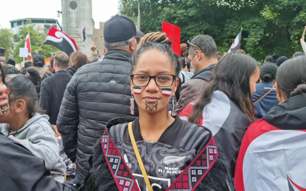 Hundreds turned out to protest against the government's policies, at Ōtautahi's Bridge of Remembrance, in what has been described as National Māori Action Day on 5 December, 2023. Pictured is Andrina Taukiri.