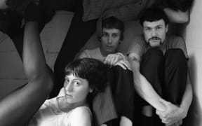 The Auckland post-punk band Ringlets sit crowded into a cubby-hole together.