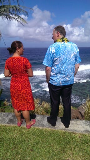 John Key at the Sua Ocean Trench, one of the most popular tourist sites on Upolu, standing with the operator of the site, Sina Petelo.