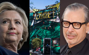 Hillary Clinton, left, Jeff Goldblum, right and the Comet Ping Pong restaurant, centre.