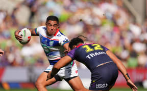 Erin Clark of the Warriors runs with the ball during the Telstra NRL Premiership match between the NZ Warriors and the Melbourne Storm at AAMI Park in Melbourne, Australia on Sunday 13 April 2025. Photo: Scott Barbour / www.photosport.nz
