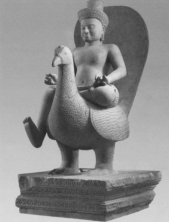 (FILES) This file handout photo released on July 15, 2021 courtesy of the United States Attorney's office Southern District of New York shows "Skanda on a Peacock", a 10th century Cambodian statue. - US authorities on August 8, 2022 returned to Cambodia 30 Khmer works of art stolen near the famous temples of Angkor, among them the sandstone statue "Skanda on a Peacock". The statue was stolen from the Prasat Krachap temple at Koh Ker in Cambodia, and sold by antiquities dealer Douglas Latchford into the international art market. "Skanda on a Peacock" is considered to be a masterpiece of artistic achievement and a valuable part of the Cambodian cultural heritage. (Photo by Handout / United States Attorney's Office / AFP) / RESTRICTED TO EDITORIAL USE - MANDATORY CREDIT "AFP PHOTO /UNITED STATES ATTORNEY'S OFFICE SOUTHERN DISTRICT OF NEW YORK/HANDOUT" - NO MARKETING - NO ADVERTISING...