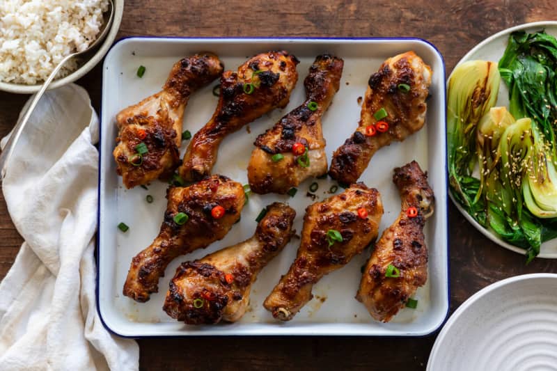 Peanut butter & miso chicken drumsticks with sesame rice.