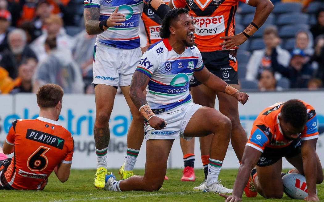 Adam Pompey celebrates after scoring. Wests Tigers v One NZ Warriors.
