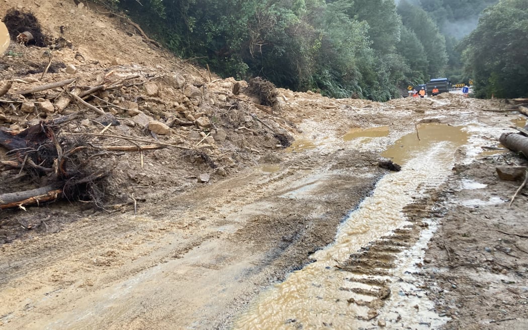 Slip on State Highway 6 at Lyell after fresh material covered the road on Friday 17 June, 2022.