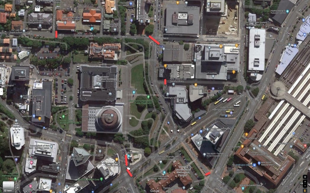 A map of the road closures in preparation for political protests around the parliamentary precinct in Wellington.