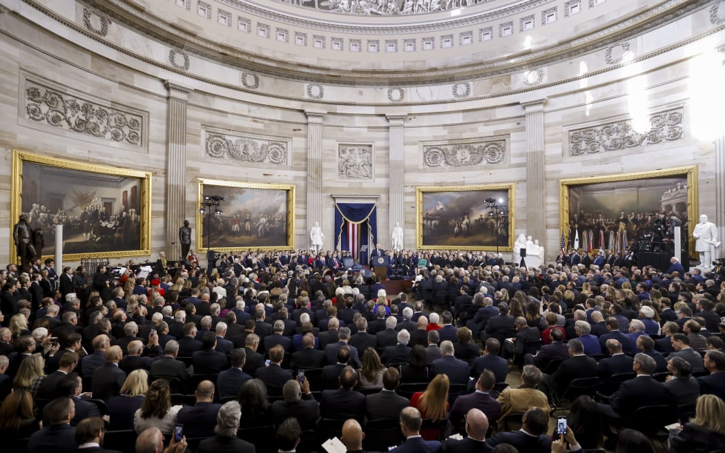 US President Donald Trump delivers his inaugural address after being sworn in as the 47th president of the United States inside the Rotunda of the US Capitol in Washington, DC, on January 20, 2025. (Photo by SHAWN THEW / POOL / AFP)