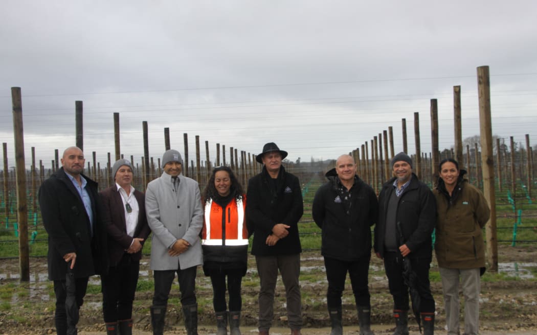 From left to right: Aayden Clarke, Shayne Walker, Minister Tama Potaka, Larrissa Cooper, Leon Symes, Lewis Ratapu, George Mackey, Robin Kaa
