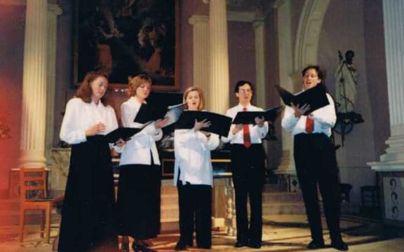 Baroque Voices - first concert, 25 June 1994. From left: Pepe Becker, Louisa Oliver, Ros Emeleus, Peter Dyne, James Griffiths