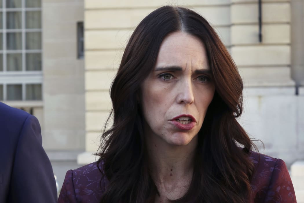 Prime Minister Jacinda Ardern speaks to media outside the OECD headquarters, in Paris on Tuesday.