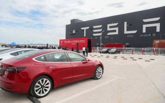 Photo taken on Oct. 26, 2020 shows the Tesla China-made Model 3 vehicles at its gigafactory in Shanghai, east China.