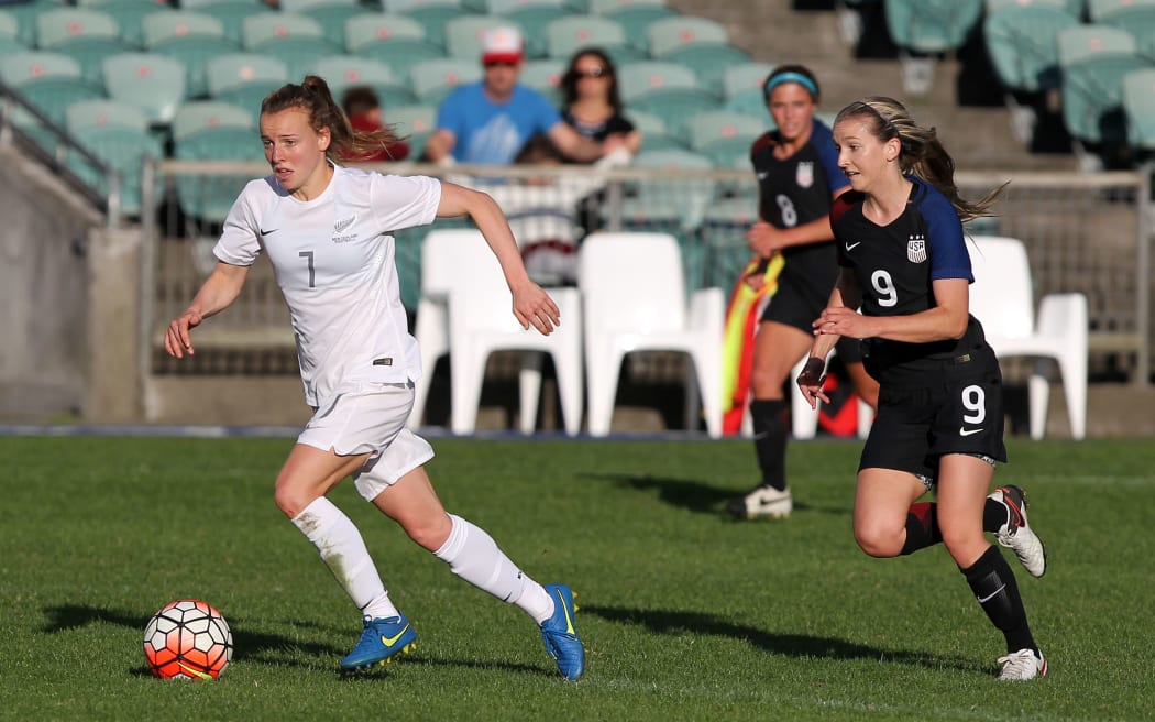 NZ footballer Isabella Coombes in action against USA.