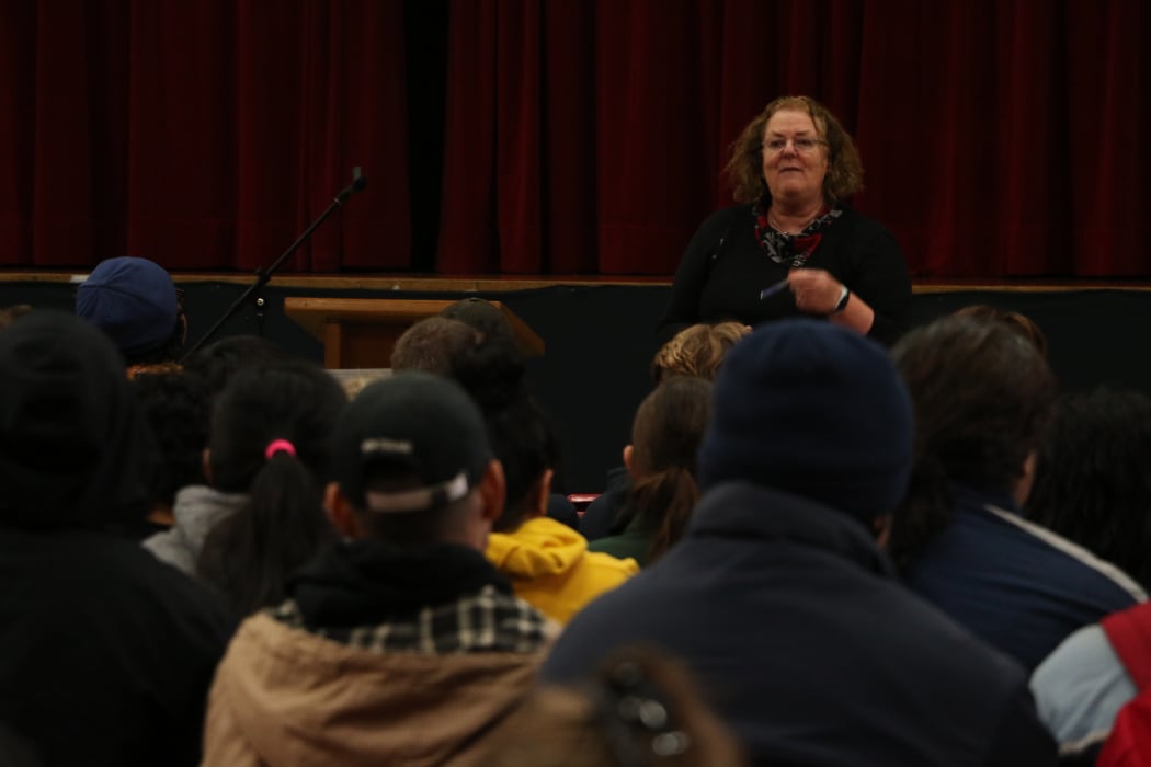 Students in Porirua listen to the principal of Bisop Viard College Rose Sawaya.