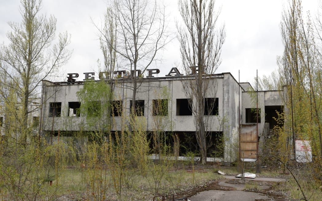 Abandoned restaurant building in the Chernobyl nuclear plant's exclusion zone.