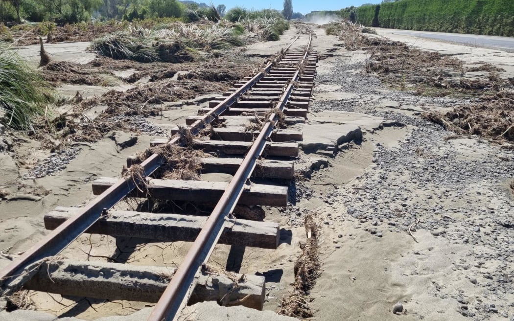 Rail tracks covered in silt in the Esk Valley by flooding during Cyclone Gabrielle, 20 February 2023.