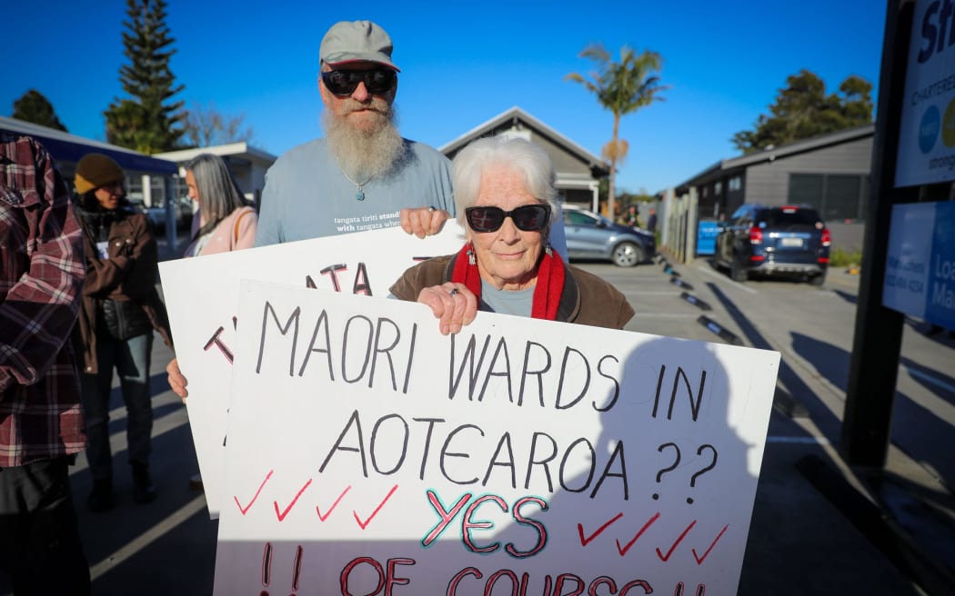 Protesters gathered outside the building before the meeting on Wednesday to decide the fate of the region's Māori ward. Credit: Michael Craig /NZM (LDR single use only)