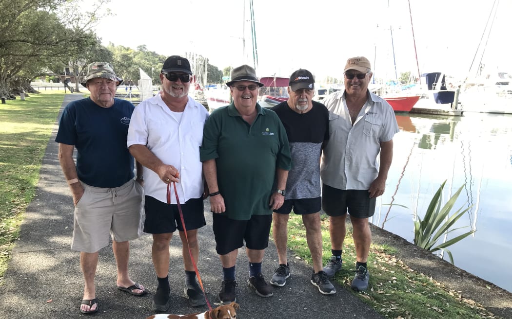 Whangārei Monday cancer walking group members (from left) Max Atkinson, Keith Whalley (with dog Missy), Peter Attwood, Tony Williams and Bill Gibbs walking the Town Basin loop during a king tide.