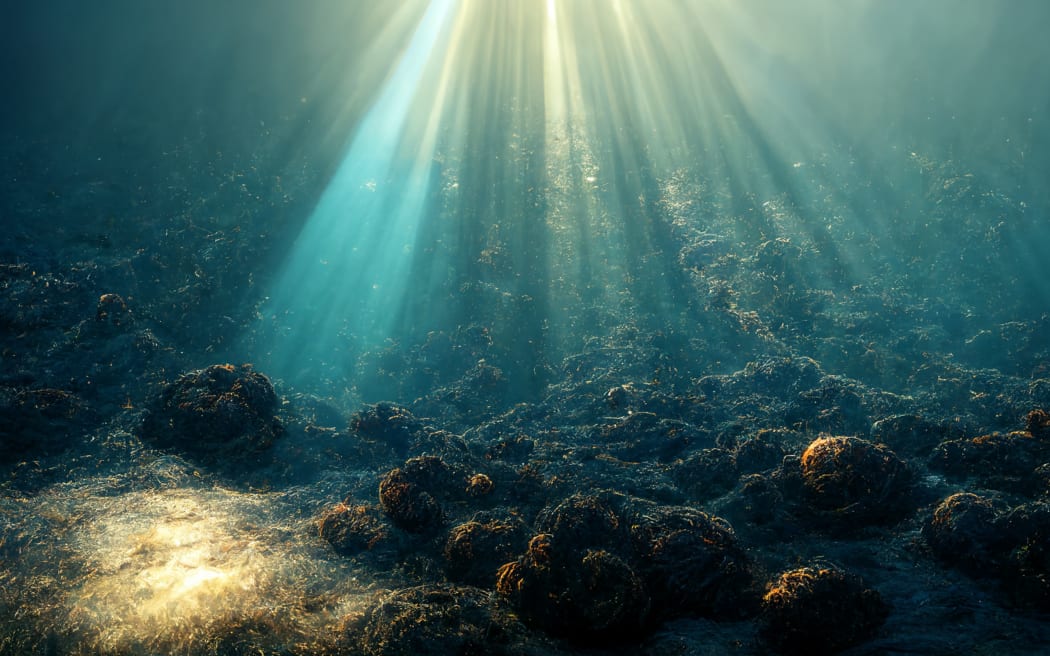 Abstract abyss under sea background. coral reef underwater with sun ray. 3D rendering image.