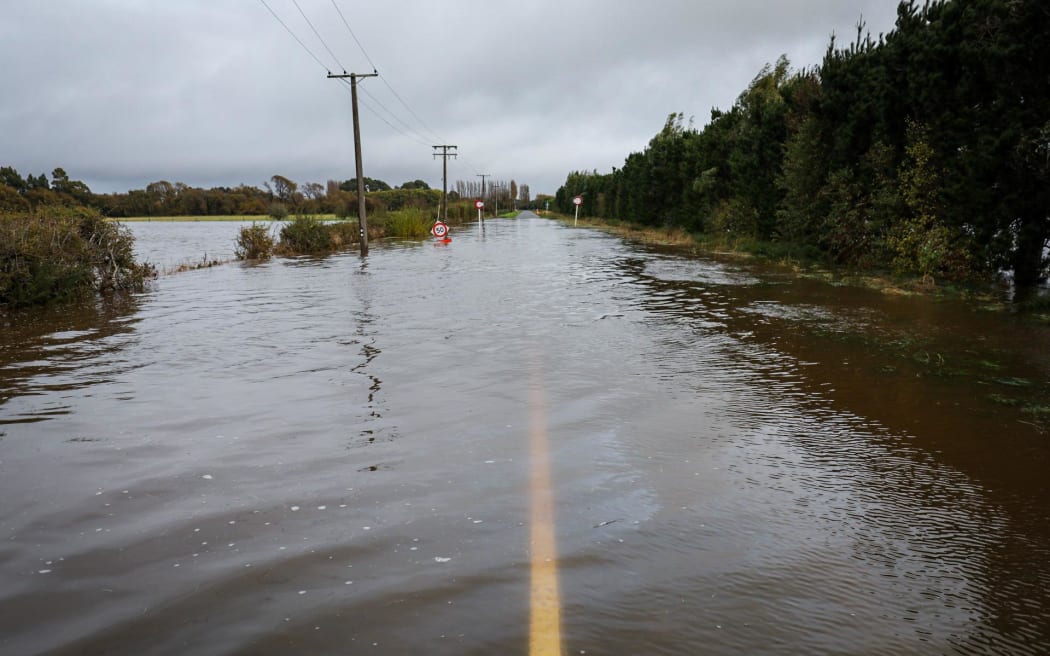 Flooding on Leadleys Road, near Ladbrooks, Canterbury, 2 May 2025.