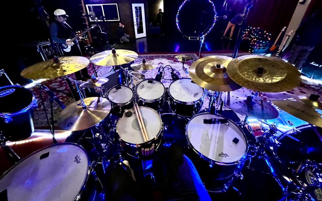 The view from Bicknell's drum stool in the band's rehearsal space.
