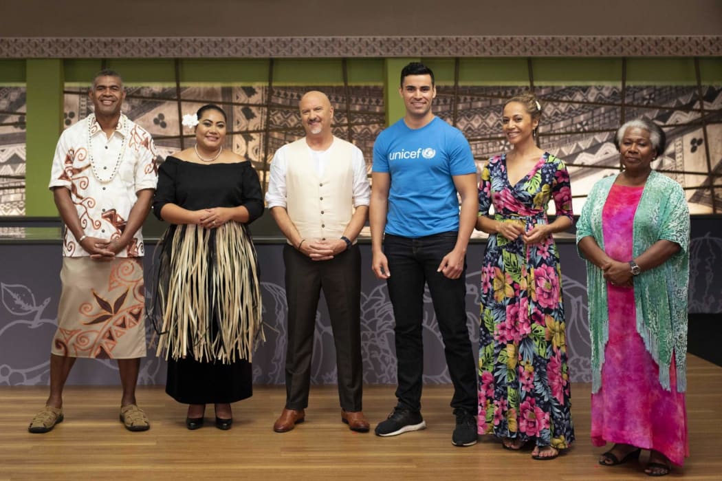 Pacific Island Food Revolution co-hosts: Dr Jone Hawea (Fiji), Fololeni Curr (Tonga), show host Robert Oliver, Pita Taufatofua (UNICEF), Dora Rossi (Samoa), and Voutausi Mackenzie-Reur (Vanuatu).