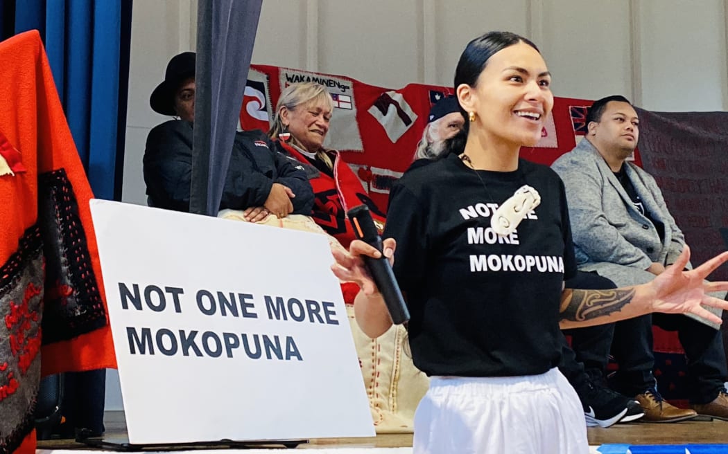 Codi Clarke, Ngāpuhi Social Service kaimahi at a rally against Māori children in state care on 3 August, 2024.