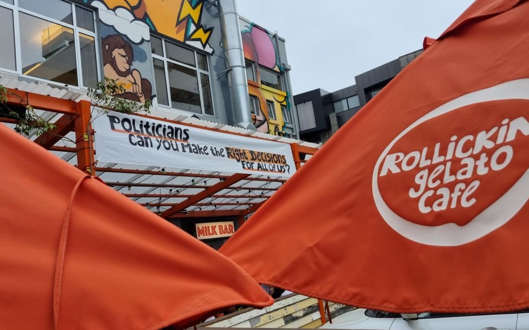 Signage seen at at Rollickin Gelato Cafe in Christchurch on 14 September, 2023, during the election campaign.
