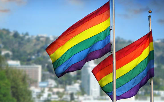 21543261 - a pair of rainbow flags waving in wind against city background of west hollywood, california