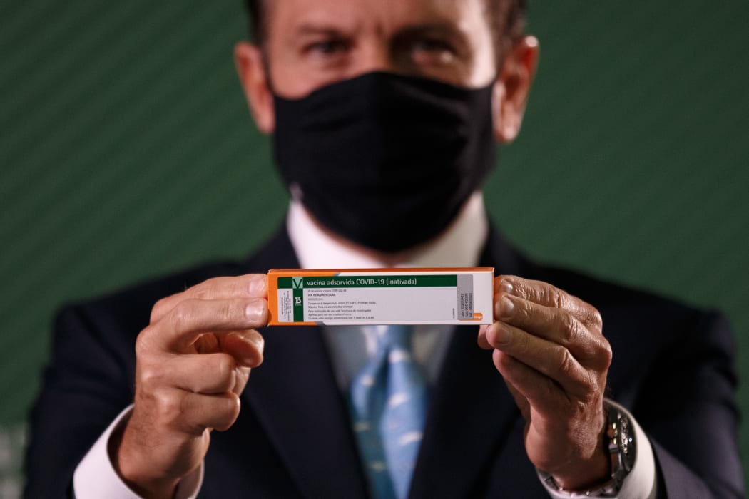 Sao Paulo Governor Joao Doria holds the CoronaVac vaccine box press conference with information about the Butantan Institute vaccine against COVID-19 (coronavirus).
