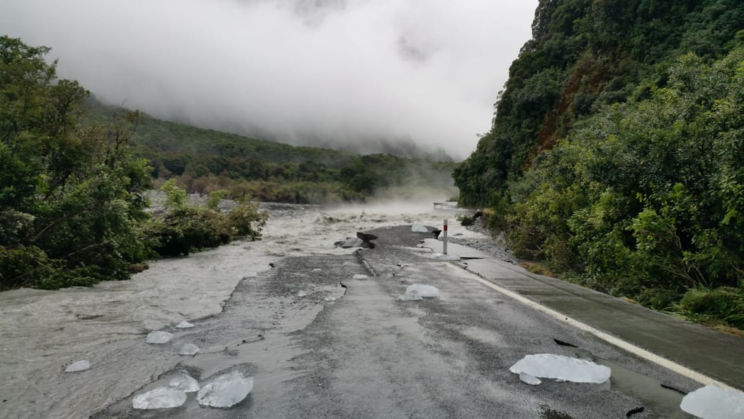 The access road to Fox glacier was washed out by a landslide on February 22.