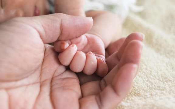 Soft focus of newborn tiny baby hand on parent hands.