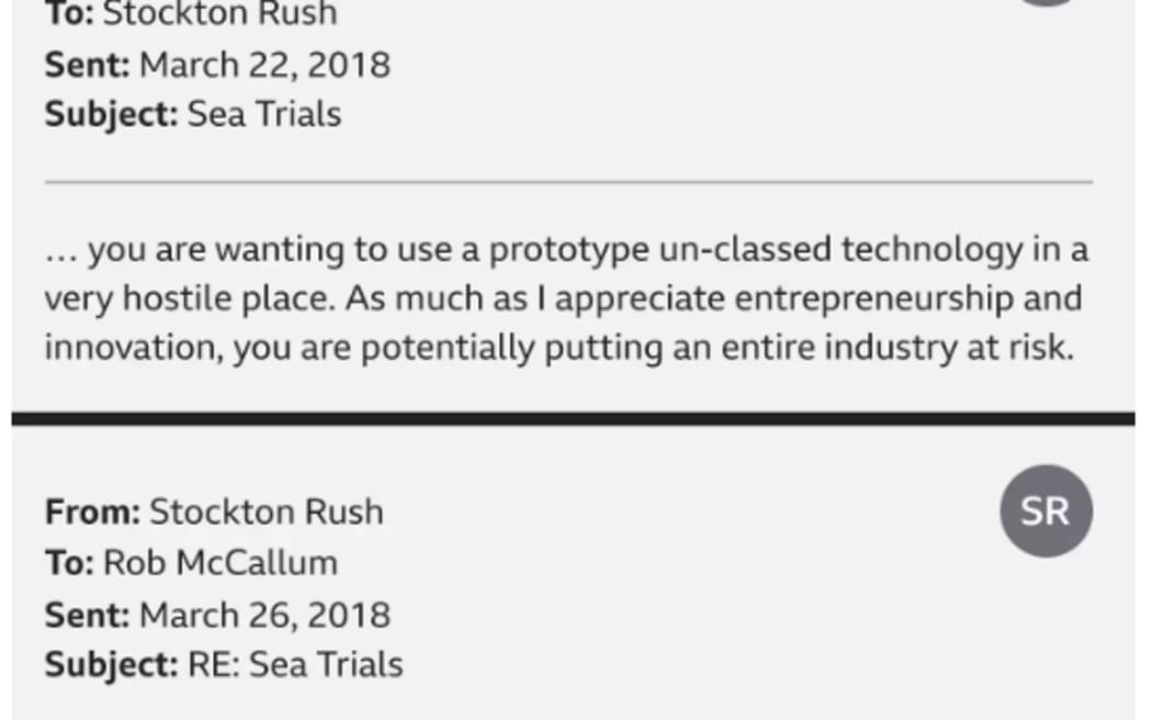 In emails supplied to the BBC, leading deep sea exploration specialist Rob McCallum raised serious safety concerns with Stockton Rush.