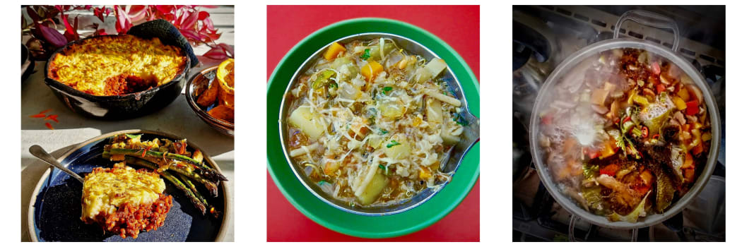 Veggie cottage pie, chunky vegetable soup and vegetable stock