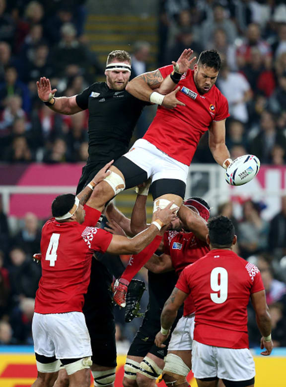 All Black Kieran Read and Joseph Tuineau of Tonga jump for a line out during the 2015 Rugby World Cup Pool C match between New Zealand and Tonga.