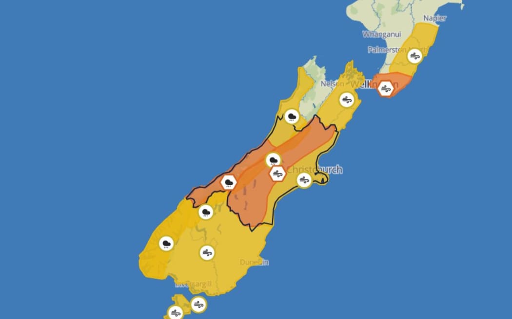 A MetService screenshot showing most of the South Island under weather warnings or watches for Sunday 8 December 2024.