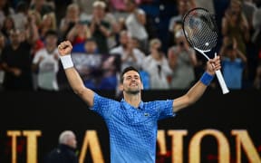 Novak Djokovic of Serbia celebrates at the Australian Open, 2023.