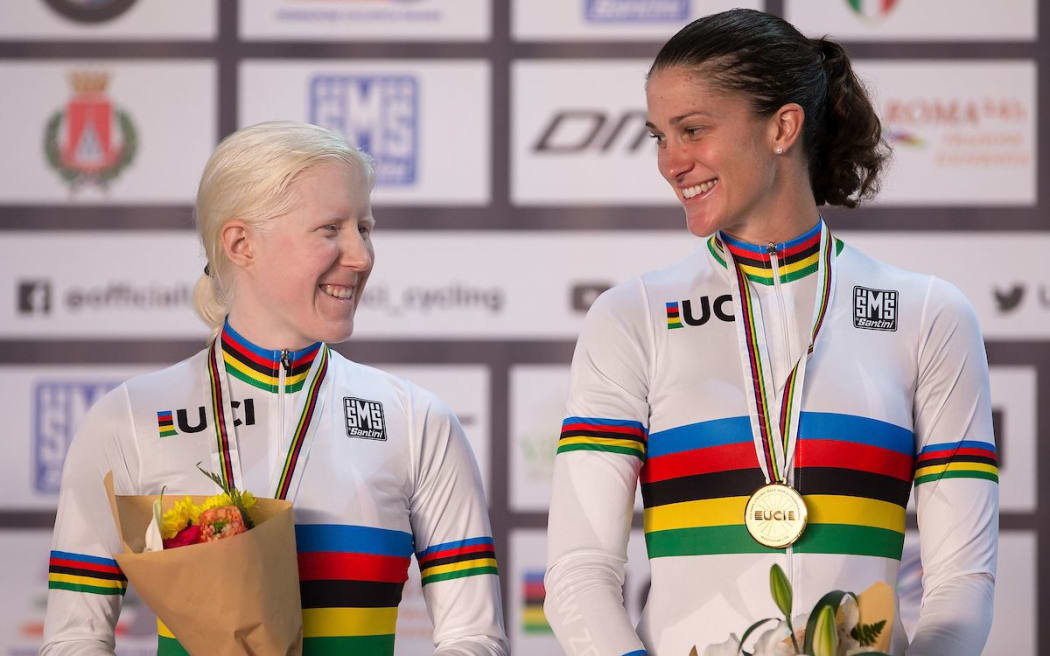 Emma Foy and Laura Thompson at the World Championships in Italy, in March, where they won gold.