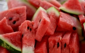 A close-up shot of watermelon slices.