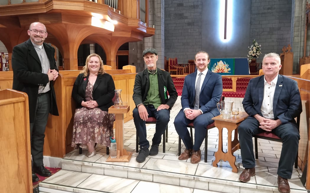 Nelson Cathedral Dean Graham O’Brien, Labour MP Rachel Boyack, Green Party Candidate Jace Hobbs, National Party candidate Blair Cameron and ACT MP Chris Bailie.
