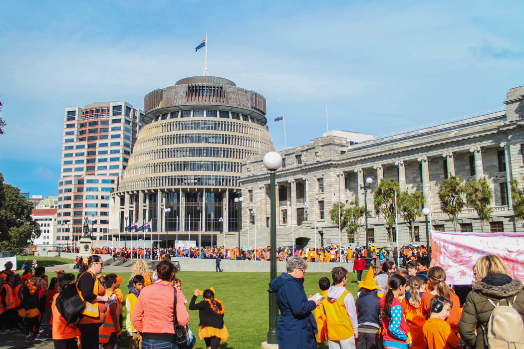 Orange Day Parade. Organisers said about 1200 primary school students, plus teachers and parents, took part in the parade, which left Parliament at 10am, finishing at the Michael Fowler Centre in Civic Square.