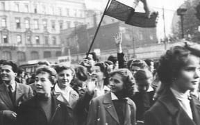 Students protest in the first day of the Hungarian uprising in 1956.