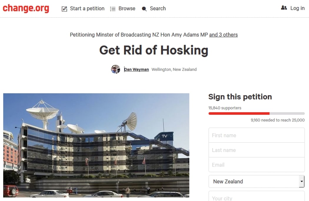 Screenshot of the online petition to oust Mike Hosking from TVNZ.