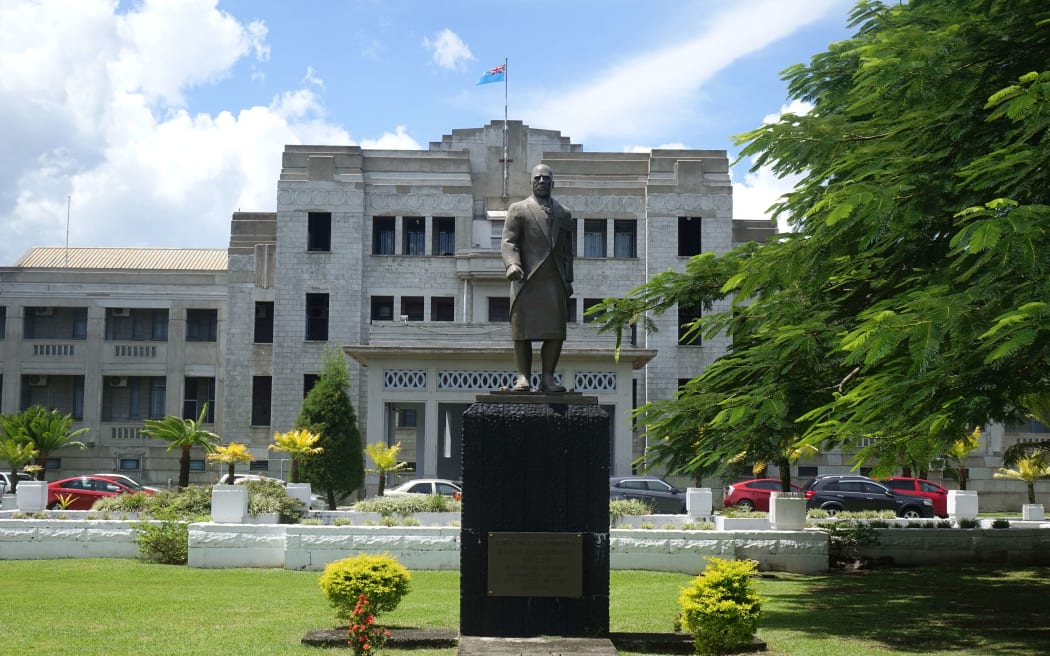 The front of Fiji's parliament and government buildings in downtown Suva.